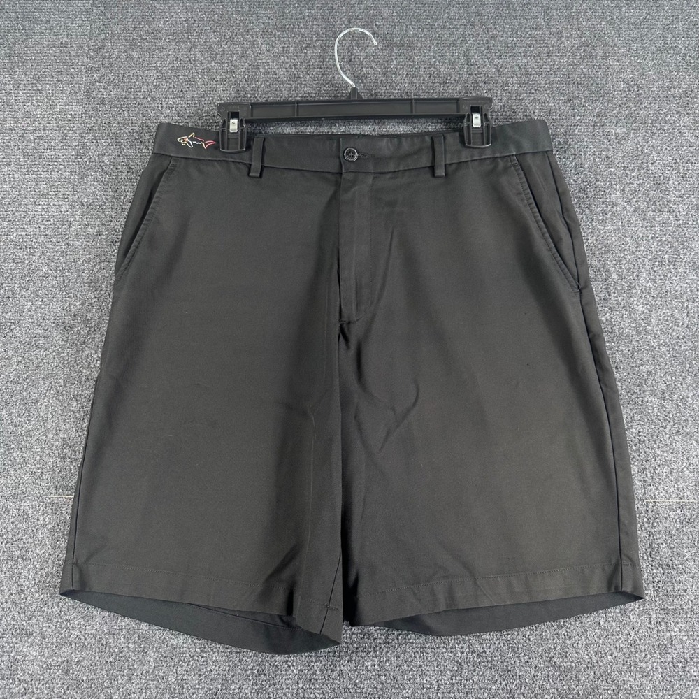 Greg Norman‎ Golf Shorts Mens 34 Black Performance Polyester Shark Logo Casual